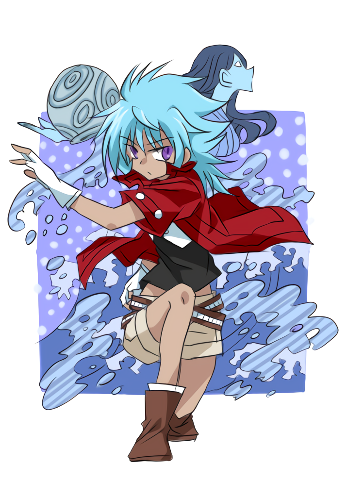 aquarius_(zodiac) belt beyblade blue_hair boots closed_mouth fingerless_gloves full_body gloves hasama_hikaru jacket juvenile medium_hair metal_fight_beyblade multiple_belts open_clothes open_jacket shorts spiky_hair tomboy violet_eyes water young