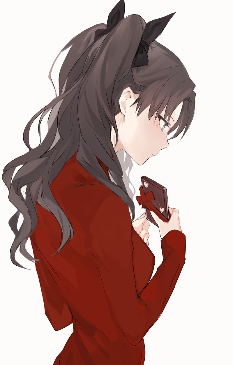 1girl black_bow black_hair blue_eyes bow box breasts chocolate closed_mouth fate/stay_night fate_(series) from_above gift gift_box hair_bow heart highres holding holding_gift long_hair looking_away looking_down looking_to_the_side lpip medium_breasts red_bow red_sweater simple_background solo standing sweater tohsaka_rin tsundere two_side_up upper_body valentine white_background