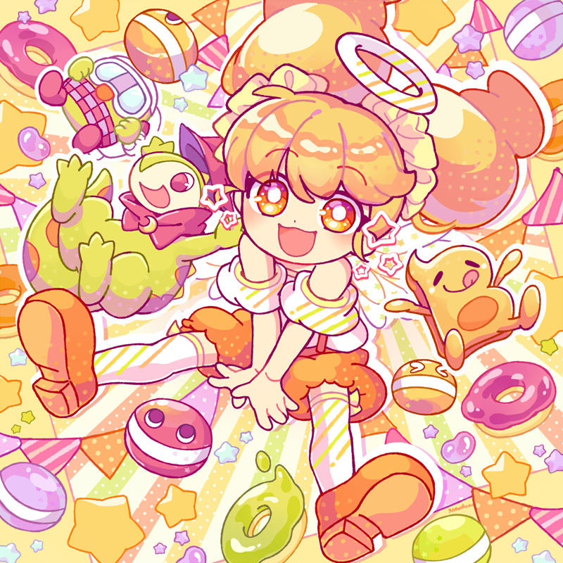 1girl 2boys bare_shoulders bob_2002_(pop'n) brown_footwear candy dino_(pop'n) dinosaur dot_nose food halo jelly_bean kneehighs macaron multiple_boys nonokusu_(no2xnox) open_mouth orange_eyes orange_theme poet_(pop'n_music) pop'n_music robot socks solo_focus star_(symbol) suspenders twintails