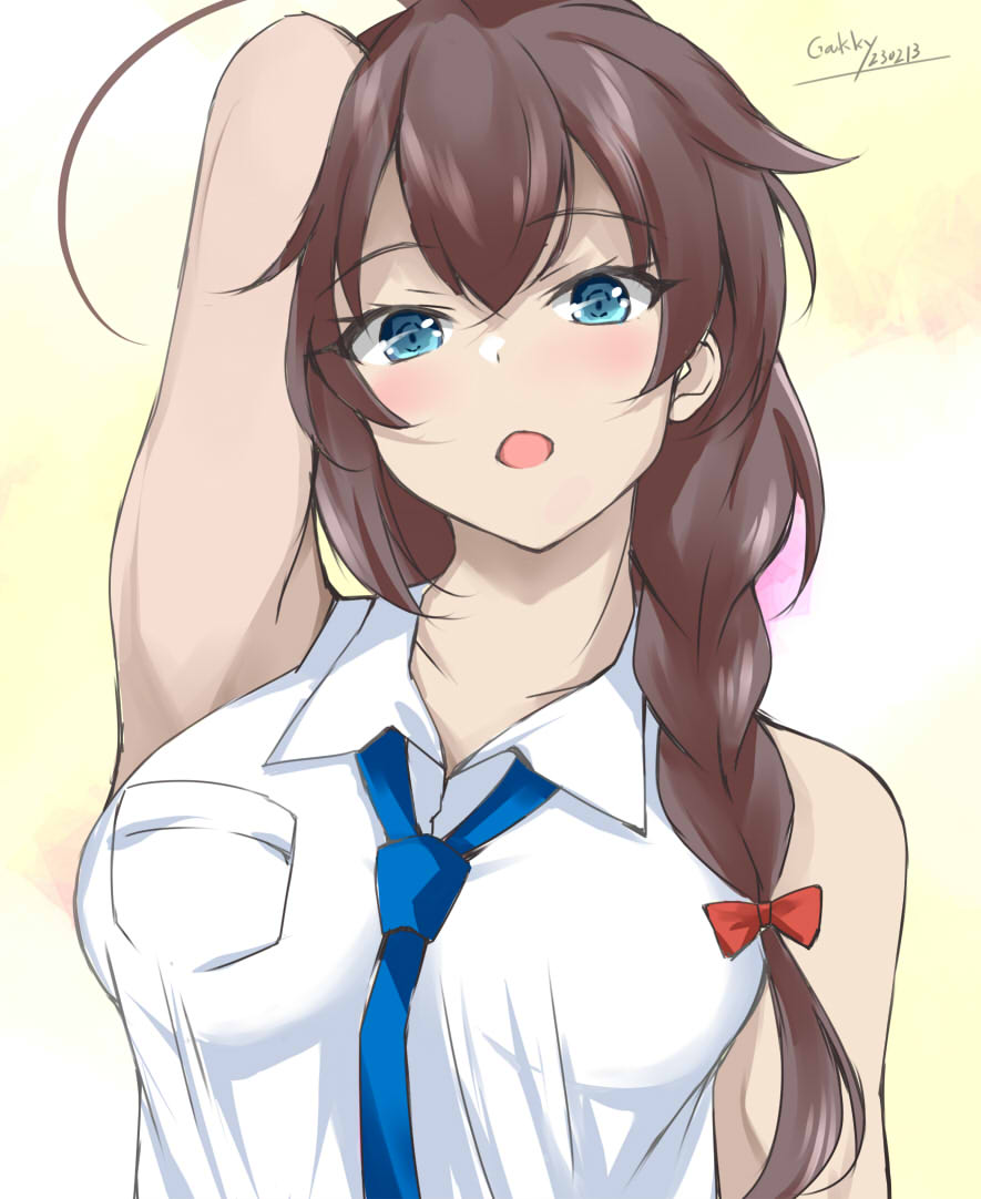 1girl ahoge arm_up armpits blue_eyes blue_necktie braid brown_hair collared_shirt commentary_request dress_shirt gakky hair_flaps hair_over_shoulder kantai_collection looking_at_viewer necktie official_alternate_costume shigure_(kancolle) shigure_kai_ni_(kancolle) shirt single_braid sleeveless sleeveless_shirt solo white_shirt