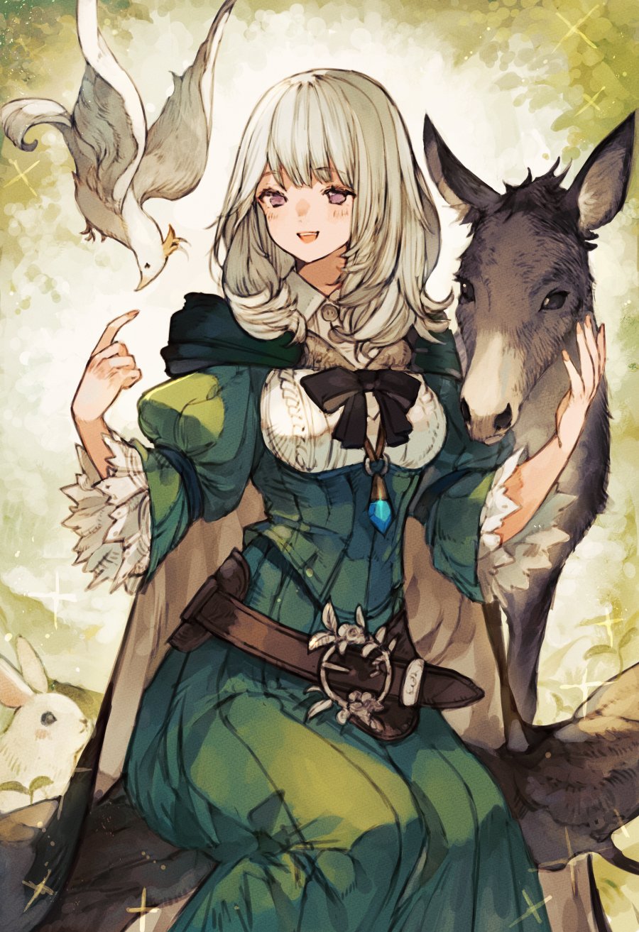 1girl bird blonde_hair branch commentary commentary_request donkey dress frilled_sleeves frills green_dress highres kemomin_nosuke long_hair nature open_mouth original outdoors rabbit sitting solo teeth upper_teeth_only violet_eyes