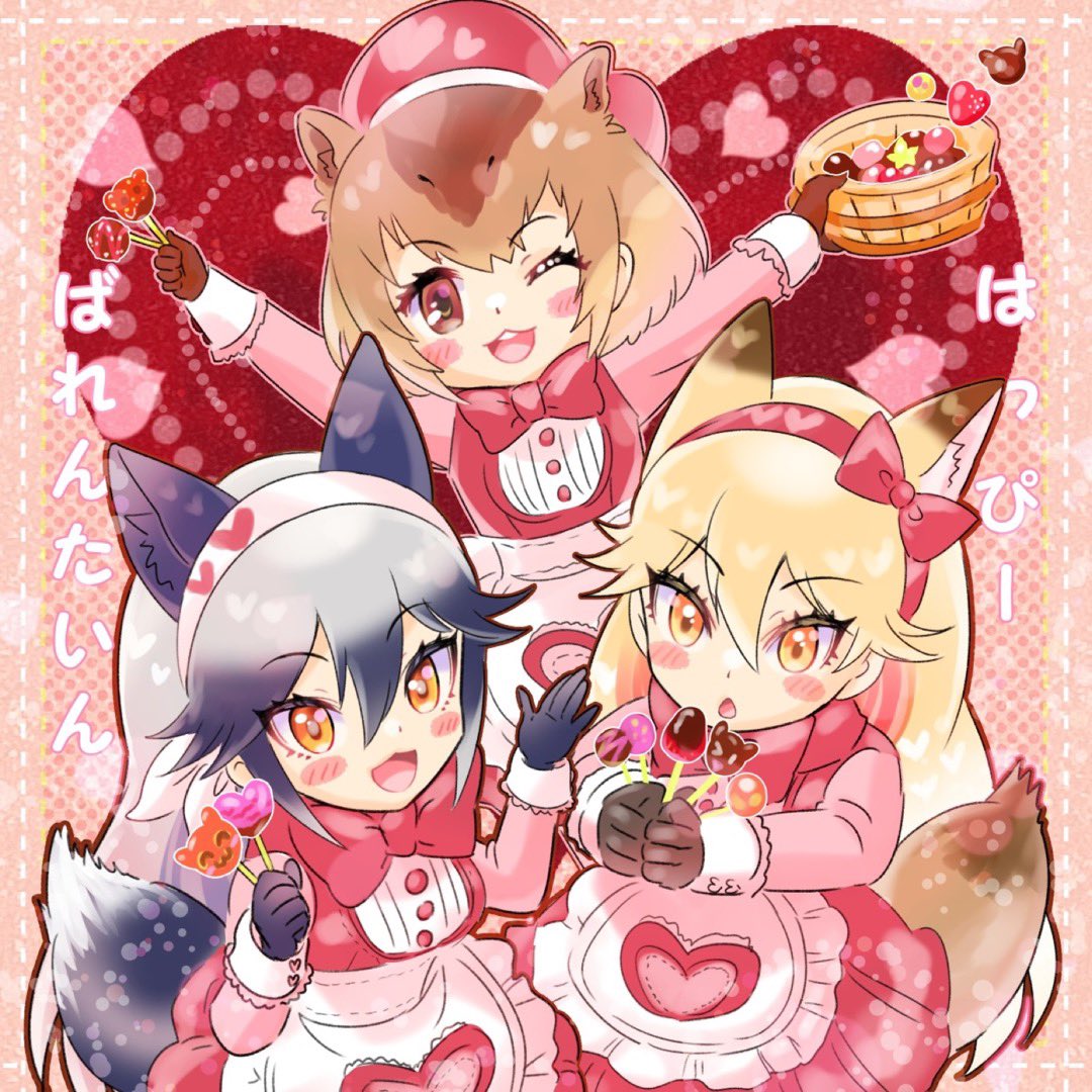 3girls alternate_costume animal_ears apron blush bow bowtie brown_hair bucket candy capybara_(kemono_friends) capybara_ears capybara_girl chiffon commentary_request dress extra_ears ezo_red_fox_(kemono_friends) food fox_ears fox_girl fox_tail frilled_apron frills grey_hair hair_between_eyes hair_bow hairband kemono_friends long_hair long_sleeves matching_outfit multicolored_hair multiple_girls orange_eyes orange_hair pink_bow pink_bowtie pink_dress pink_shirt shirt short_hair sidelocks silver_fox_(kemono_friends) tail valentine white_apron