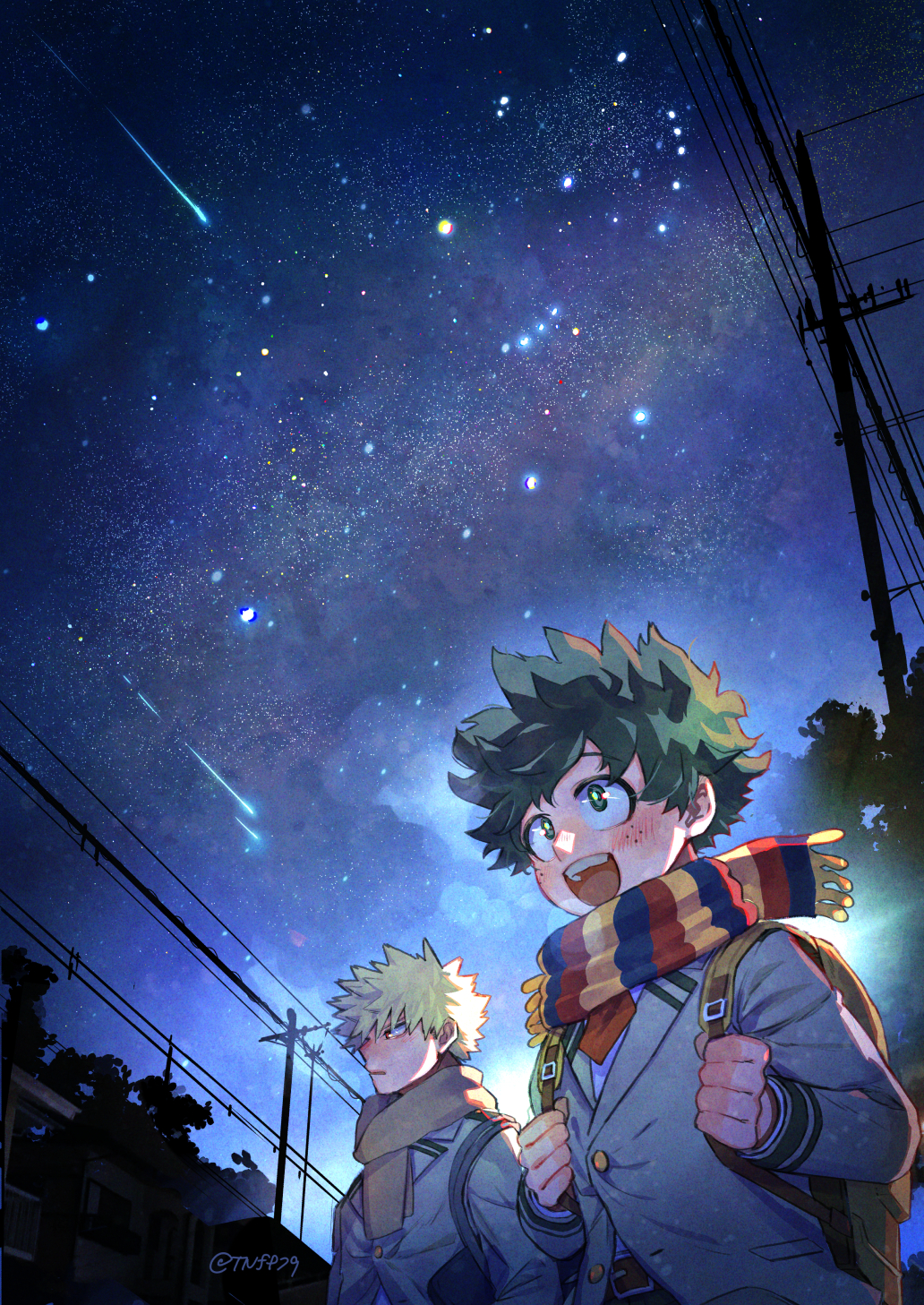 2boys :d backlighting backpack bag bakugou_katsuki bangs belt belt_buckle blazer blonde_hair blush boku_no_hero_academia buckle buttons commentary_request dark dated_commentary double_horizontal_stripe film_grain freckles glowing green_eyes green_hair happy highres holding_strap jacket long_sleeves looking_ahead looking_to_the_side male_focus midoriya_izuku multicolored_clothes multicolored_scarf multiple_boys necktie night night_sky nose_blush open_mouth orange_scarf outdoors parted_lips partial_commentary power_lines profile red_eyes red_necktie scarf school_uniform shirt shooting_star short_hair shoulder_bag sky smile spiky_hair star_(sky) starry_sky striped striped_scarf tannoci teeth u.a._school_uniform upper_body upper_teeth_only utility_pole vertical-striped_scarf vertical_stripes white_shirt yellow_bag