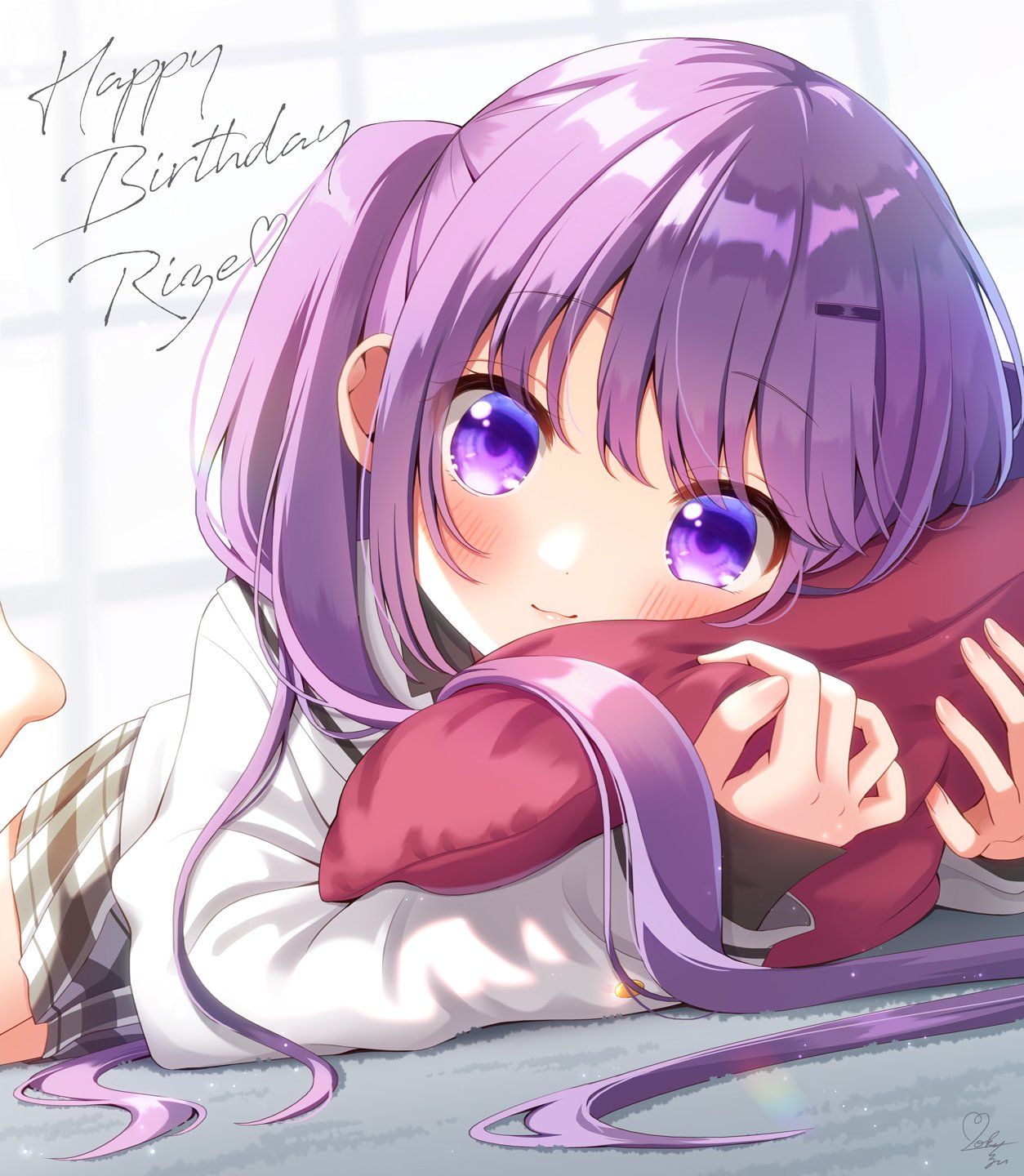 1girl bangs barefoot blush closed_mouth commentary gochuumon_wa_usagi_desu_ka? hair_ornament hairclip happy_birthday heart highres long_hair long_sleeves looking_at_viewer lying mozukun43 on_stomach plaid plaid_skirt pleated_skirt purple_hair skirt smile solo tedeza_rize the_pose twintails violet_eyes