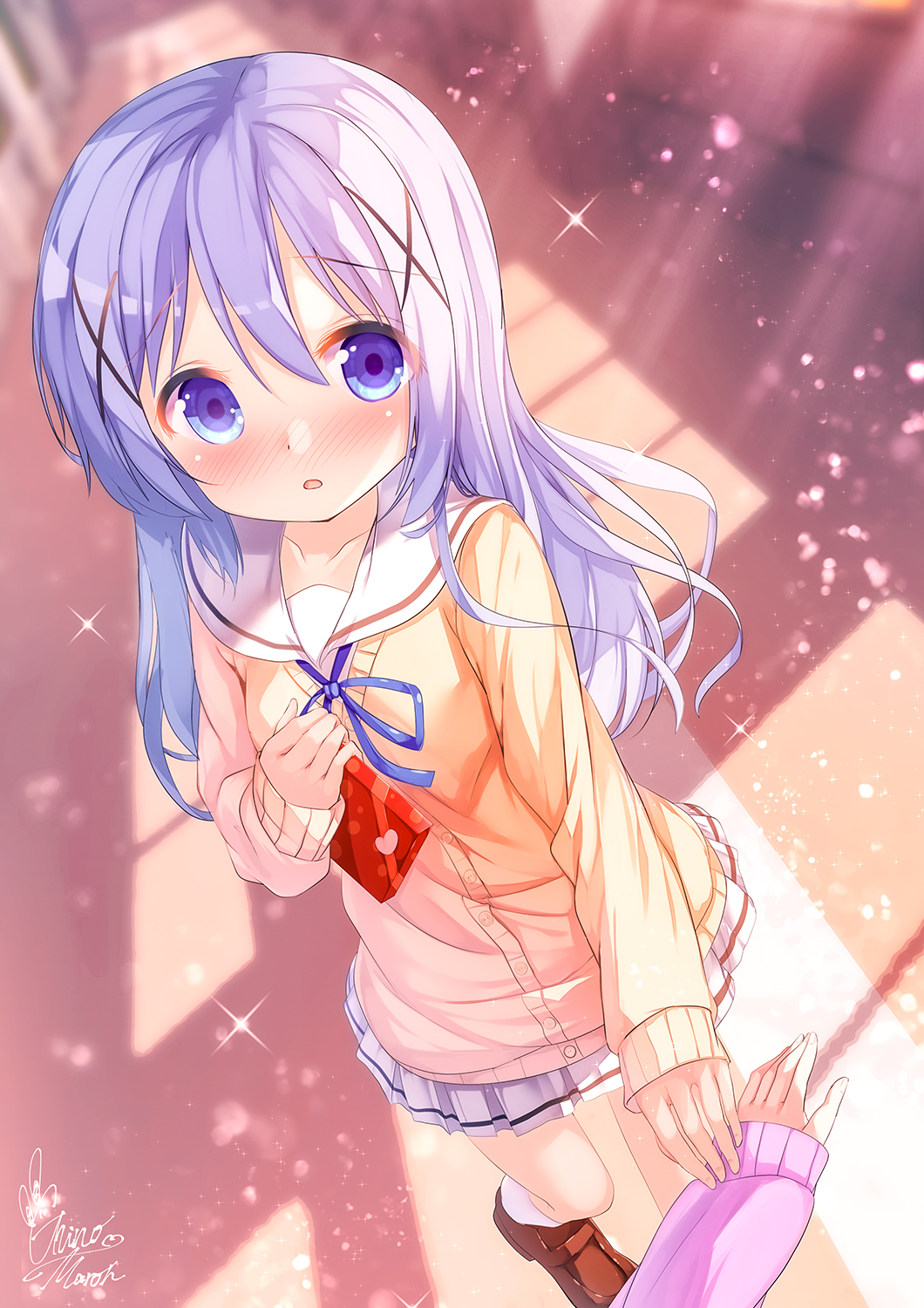 2girls blue_eyes blue_hair blue_ribbon blurry blurry_background blush box brown_cardigan brown_footwear cardigan chinomaron collarbone commentary_request depth_of_field gift gift_box gochuumon_wa_usagi_desu_ka? hair_ornament highres holding holding_gift indoors kafuu_chino loafers long_hair long_sleeves looking_at_viewer multiple_girls neck_ribbon nose_blush open_mouth pleated_skirt redrawn ribbon sailor_collar school_uniform serafuku shirt shoes signature skirt sleeves_past_wrists socks solo_focus valentine very_long_hair white_sailor_collar white_shirt white_skirt x_hair_ornament