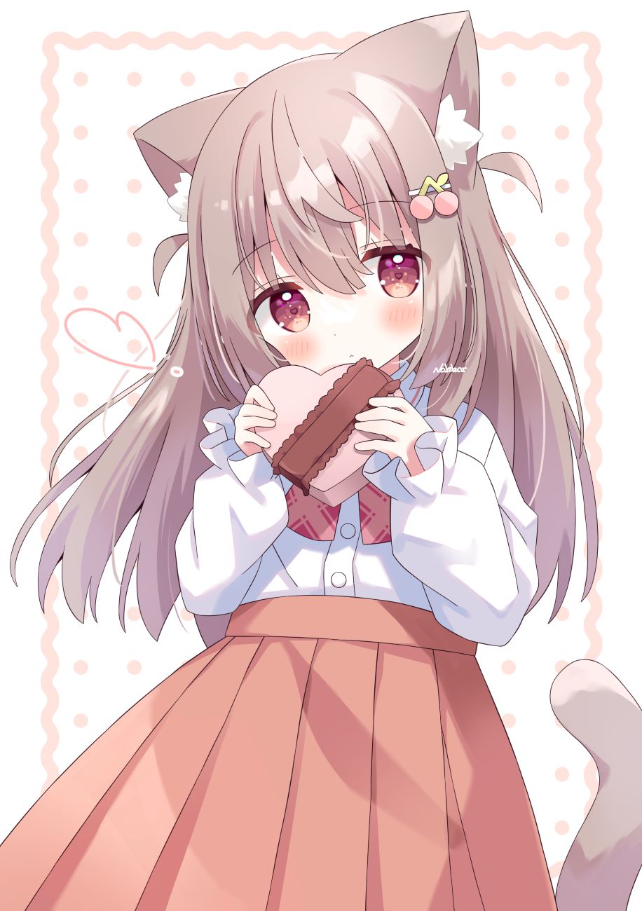 1girl animal_ear_fluff animal_ears bangs blush box brown_eyes brown_hair brown_skirt cat_ears cat_girl cat_tail cherry_hair_ornament closed_mouth collared_shirt commentary dress_shirt food-themed_hair_ornament gift gift_box hair_between_eyes hair_ornament hairclip heart heart-shaped_box highres holding holding_gift long_hair long_sleeves looking_at_viewer nakkar original pleated_skirt polka_dot polka_dot_background puffy_long_sleeves puffy_sleeves shirt signature simple_background skirt sleeves_past_wrists solo tail tail_raised two_side_up very_long_hair white_background white_shirt