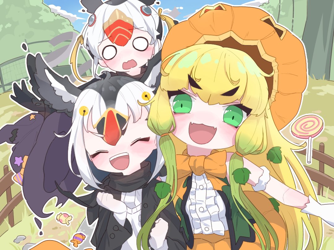 3girls atlantic_puffin_(kemono_friends) bare_shoulders bird_girl bird_wings black_hair black_jacket black_scarf blonde_hair blush bow bowtie candy center_frills closed_eyes fangs food frills gloves green_eyes green_hair green_vest hair_between_eyes hat head_wings jack-o'-lantern_(kemono_friends) jacket kemono_friends kemono_friends_3 long_hair long_sleeves multicolored_hair multiple_girls open_clothes open_jacket open_mouth open_vest orange_bow orange_bowtie pumpkin_hat pumpkin_shorts redhead sarutori scarf shirt short_hair sidelocks smile sweater tufted_puffin_(kemono_friends) vest white_gloves white_hair white_shirt white_sweater wings witch_hat