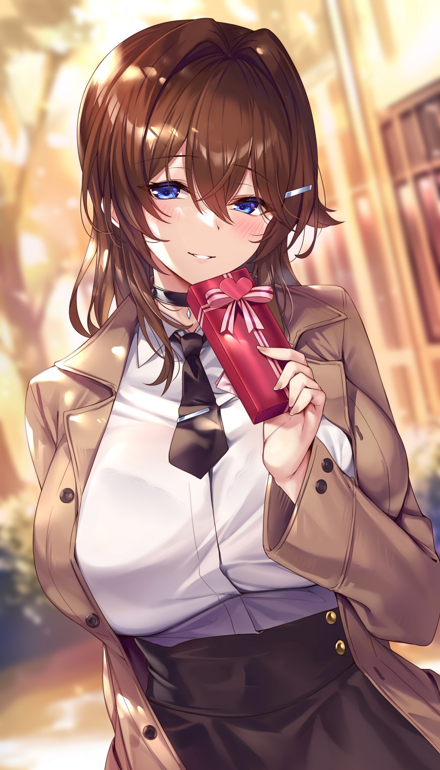 1girl bangs black_choker black_necktie black_skirt blue_eyes blurry blurry_background box breasts brown_coat brown_hair choker coat commentary eyes_visible_through_hair gift gift_box hair_between_eyes hair_intakes hair_ornament hairclip highres ks_(xephyrks) large_breasts light_blush long_hair long_sleeves looking_at_viewer necktie open_clothes open_coat original outdoors parted_lips shirt skirt smile solo valentine white_shirt