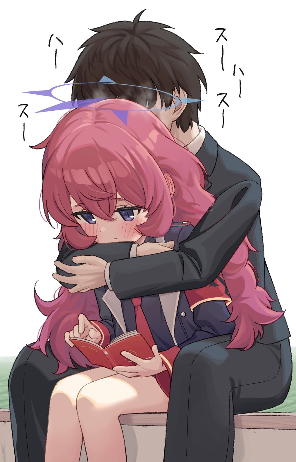 1boy 1girl bangs bare_legs behind_another black_suit blue_archive blue_eyes blue_jacket blue_shirt blush book brown_hair closed_mouth collared_shirt commentary_request crossed_bangs ear_blush formal hair_between_eyes halo hetero highres hug hug_from_behind iroha_(blue_archive) jacket lanenumber5 long_hair necktie open_book reading red_armband red_necktie redhead revision sensei_(blue_archive) shirt short_hair sidelocks sitting size_difference smelling smelling_hair suit tatami translated very_long_hair wavy_hair