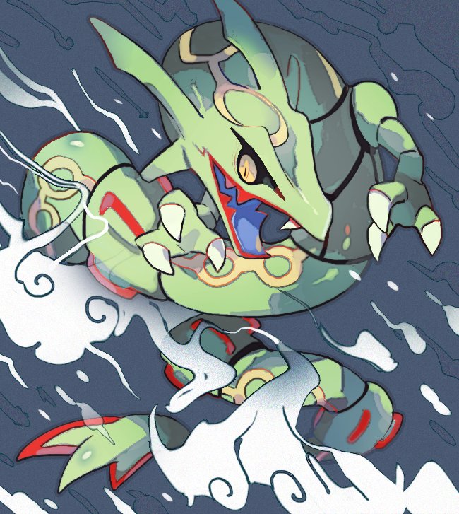 akadako claws clouds cloudy_sky colored_skin commentary commentary_request fangs green_skin looking_at_viewer no_humans open_mouth outdoors pokemon pokemon_(creature) rain rayquaza sky solo storm wind yellow_eyes