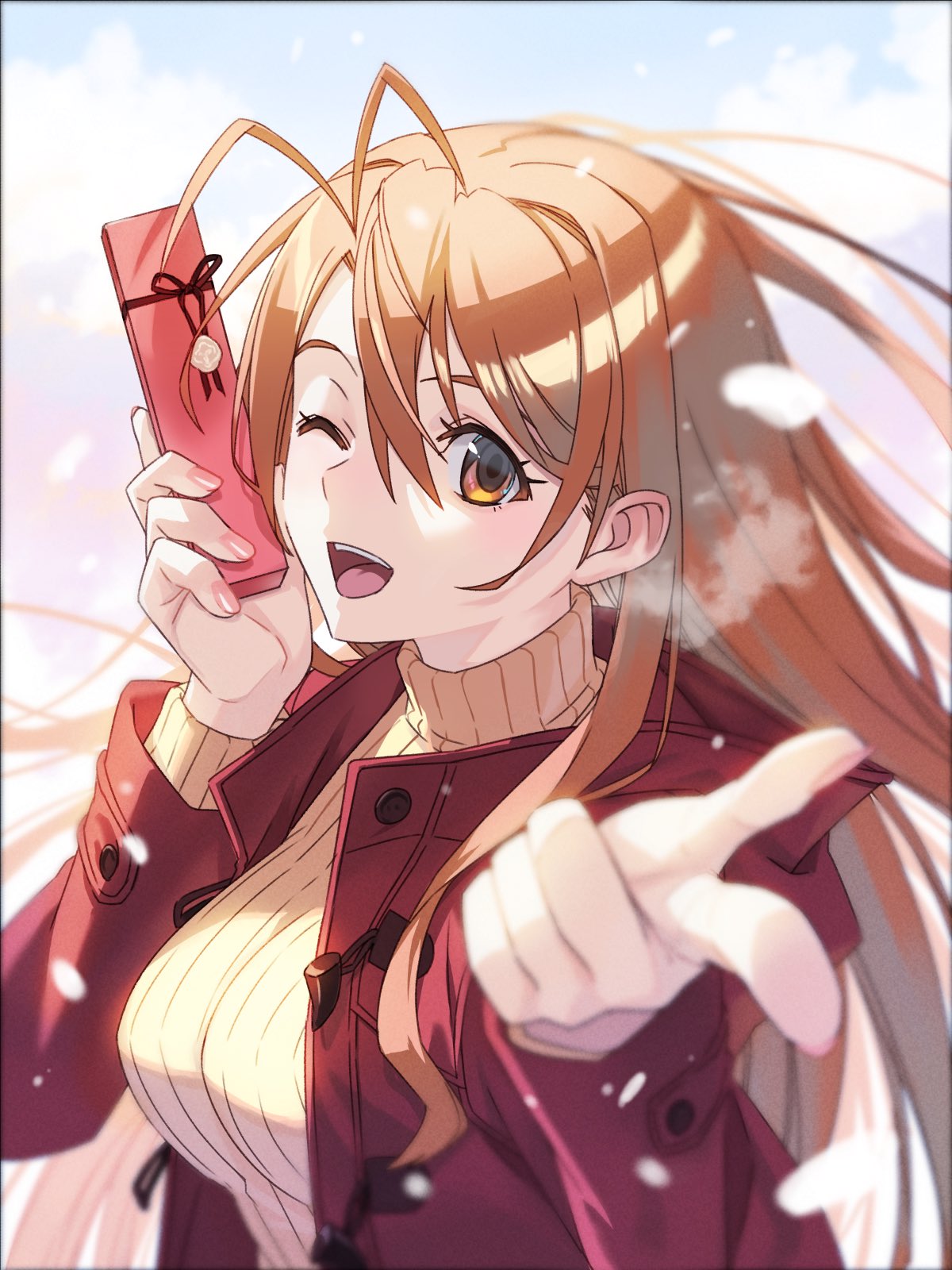 1girl akamatsu_ken antenna_hair blush breath brown_eyes brown_hair commentary_request gift highres holding holding_gift jacket love_hina narusegawa_naru one_eye_closed open_clothes open_jacket open_mouth outdoors pointing pointing_at_viewer red_jacket ribbed_sweater sky smile snowing solo sweater turtleneck turtleneck_sweater upper_body valentine