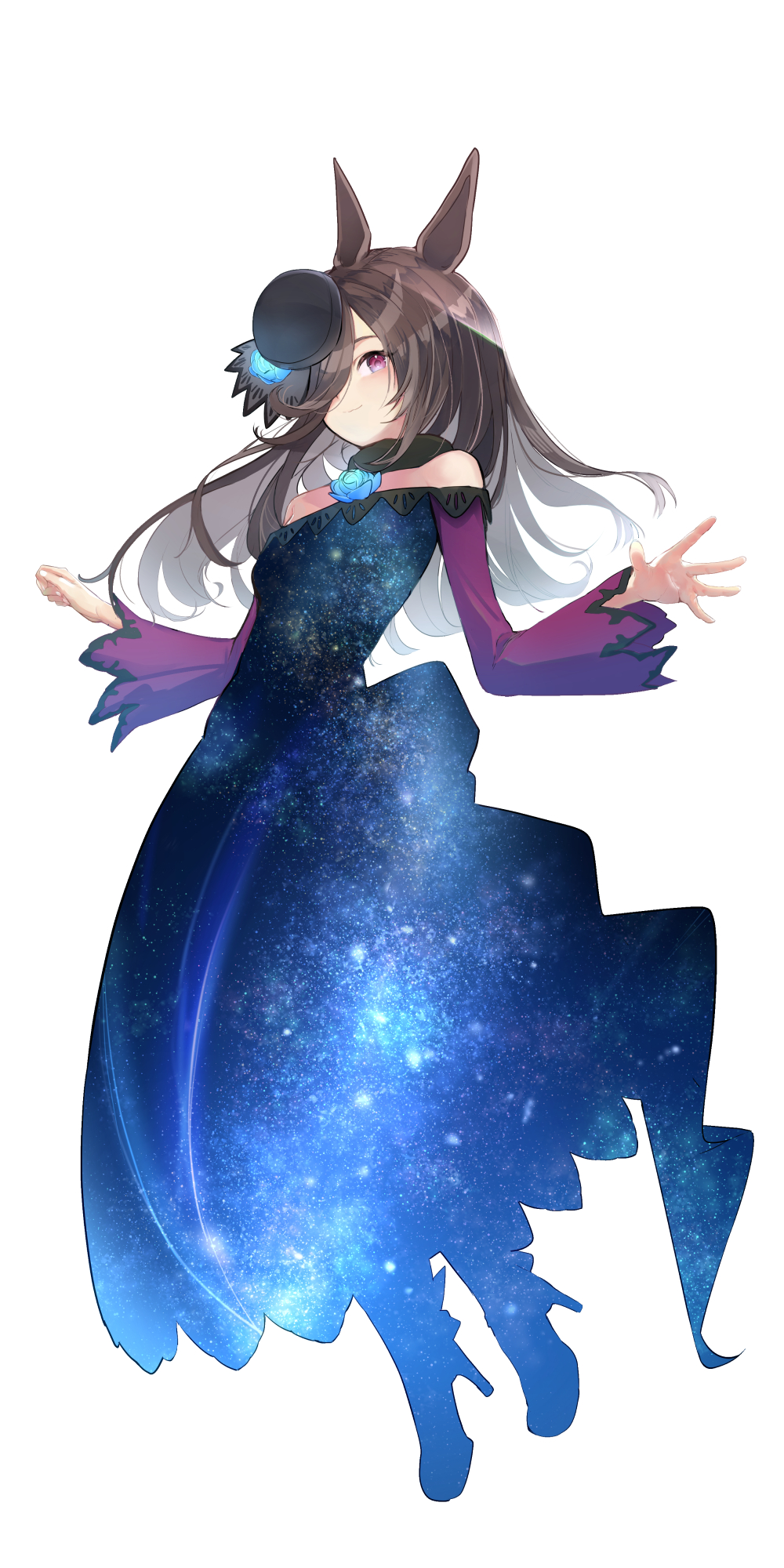 1girl animal_ears bare_shoulders black_headwear breasts brown_hair closed_mouth double_exposure dress fur_choker galaxy hair_over_one_eye hat highres horse_ears long_hair long_sleeves off-shoulder_dress off_shoulder rice_shower_(umamusume) simple_background small_breasts smile solo star_(sky) umamusume violet_eyes white_background yomean!