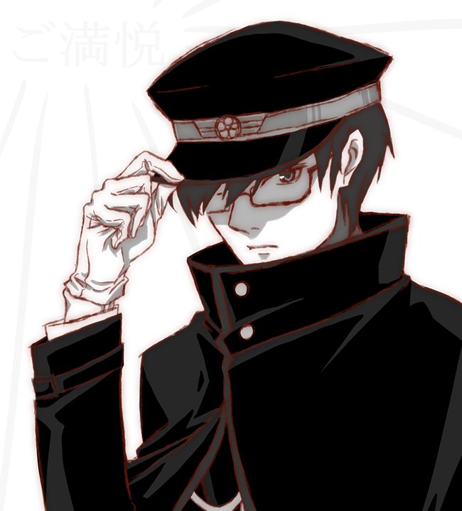 1boy black_theme capelet close-up closed_mouth glasses gloves hand_up hat holding holding_clothes holding_hat kanji long_sleeves looking_at_viewer male_focus military military_hat military_uniform seijuurou_(tenka_hyakken) short_hair sukima_(pixiv12253) tenka_hyakken uniform white_background white_gloves