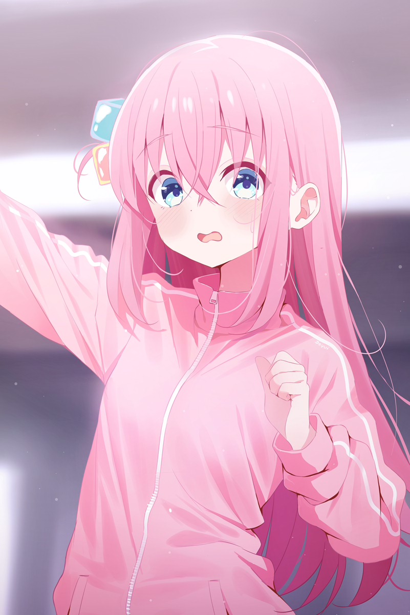 1girl bangs blue_eyes blurry blurry_background blush bocchi_the_rock! commentary_request cube_hair_ornament depth_of_field deyui gotou_hitori hair_between_eyes hair_ornament highres jacket long_hair long_sleeves looking_at_viewer one_side_up open_mouth outstretched_arm pink_hair pink_jacket puffy_long_sleeves puffy_sleeves solo track_jacket very_long_hair wavy_mouth