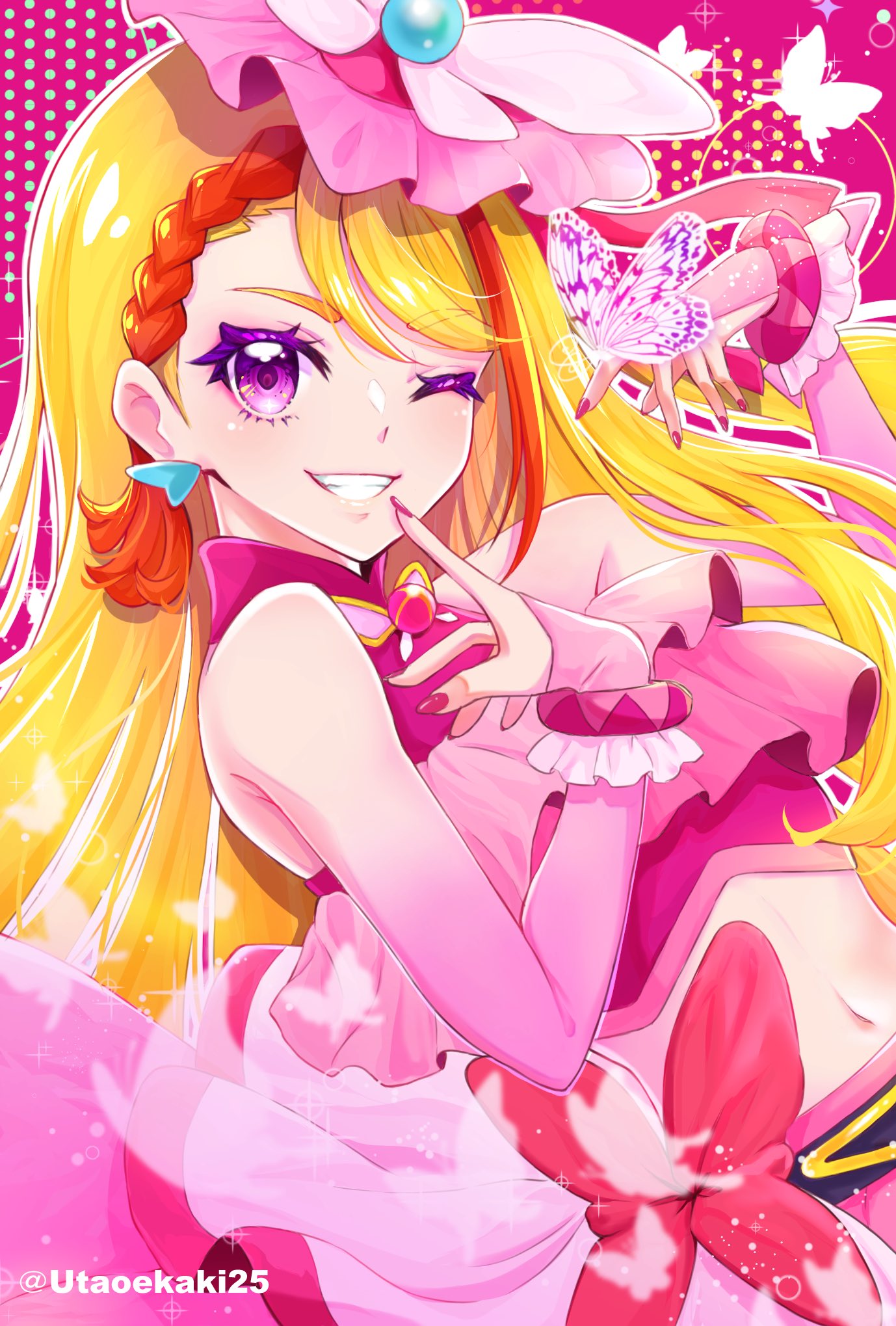 1girl belt_bow blonde_hair braid bridal_gauntlets brooch bug butterfly butterfly_earrings commentary_request cure_butterfly earrings grin highres hijiri_ageha hirogaru_sky!_precure jewelry long_hair magical_girl midriff multicolored_hair navel one_eye_closed orange_hair pink_headwear pink_nails pink_skirt precure side_braid skirt smile solo streaked_hair uta_(yagashiro25) violet_eyes wing_brooch