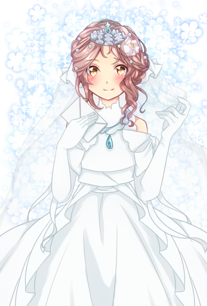 1girl b_b_suke blush brown_eyes brown_hair charlotte_abelfreyja_drossel crown dress elbow_gloves flower gloves hair_flower hair_ornament looking_at_viewer medium_hair smile solo veil violet_evergarden_(series) wedding_dress white_background white_dress white_gloves