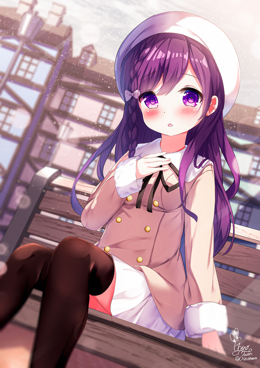 1girl artist_name bench black_ribbon black_thighhighs blush bow braid building buttons chinomaron commentary_request gochuumon_wa_usagi_desu_ka? hair_bow hat highres long_hair long_sleeves open_mouth purple_hair ribbon signature single_braid sitting sitting_on_bench skirt solo tedeza_rize thigh-highs twitter_username violet_eyes white_bow white_headwear white_skirt