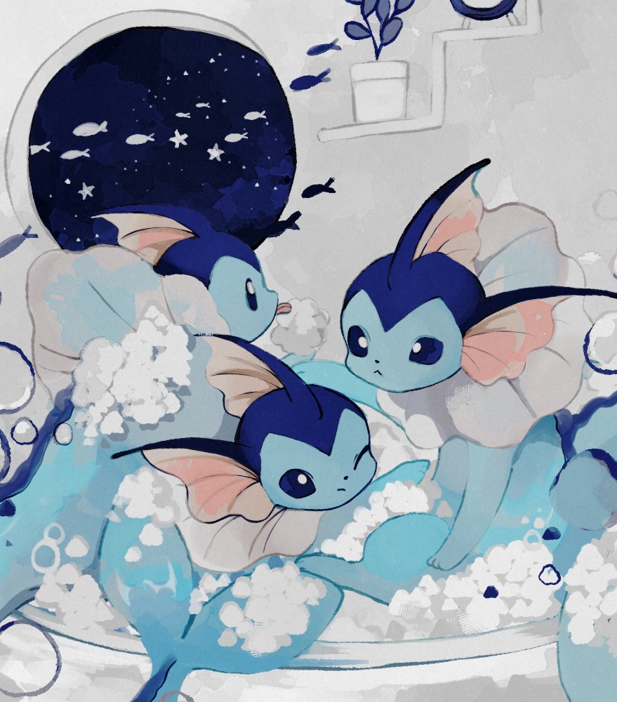 :&lt; ;/ animal_focus bath bathing blue_eyes bubble closed_mouth commentary fish hand_on_another's_head lil night night_sky no_humans plant pokemon pokemon_(creature) potted_plant sky soap_bubbles star_(symbol) symbol-only_commentary tongue tongue_out vaporeon window