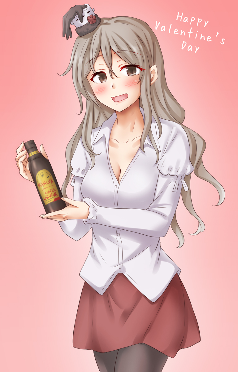 1girl alcohol anti_(untea9) black_pantyhose bottle bow bowtie breasts brown_eyes drunk gradient_background grey_hair hat highres kantai_collection long_sleeves medium_breasts mini_hat open_clothes open_mouth open_shirt pantyhose pink_background pola_(kancolle) red_skirt shirt skirt solo thick_eyebrows tilted_headwear valentine wavy_hair white_shirt wine wine_bottle