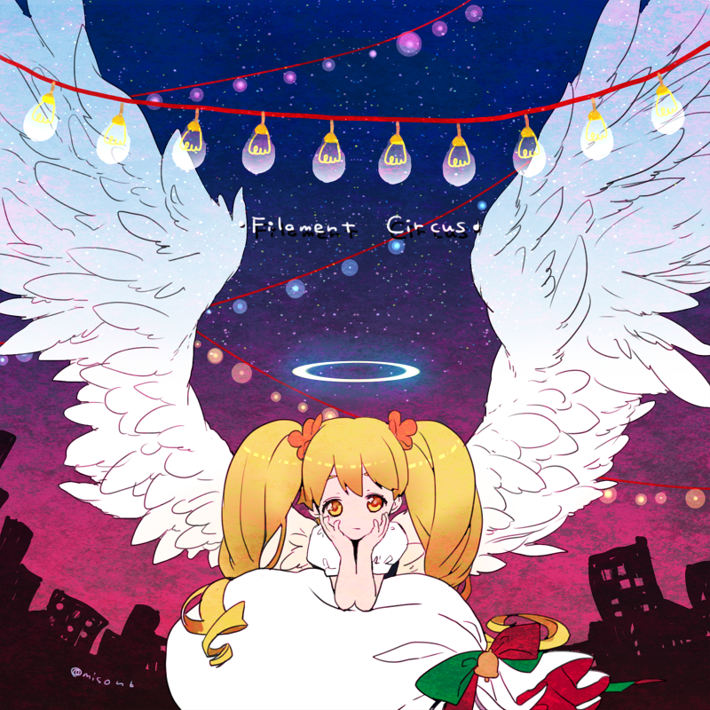1girl angel angel_wings bag blonde_hair english_text feathered_wings glowing_halo halo inpr light_bulb lights long_hair night no_nose one-hour_drawing_challenge orange_eyes poet_(pop'n_music) pop'n_music puffy_short_sleeves puffy_sleeves sack short_sleeves sky skyline solo star_(sky) starry_sky twintails white_bag white_wings wings