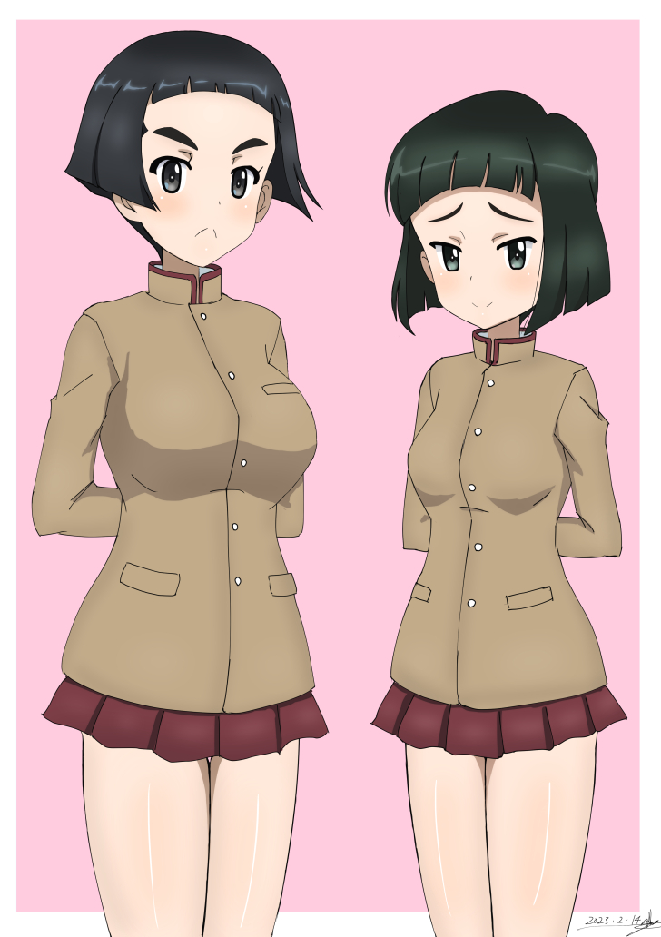 2girls arms_behind_back artist_name bangs black_eyes black_hair blunt_bangs blunt_ends blush bob_cut brown_jacket bukkuri chi-hatan_school_uniform closed_mouth commentary_request commission dated frown girls_und_panzer high_collar jacket long_sleeves looking_at_viewer miniskirt multiple_girls nishihara_yasoko partial_commentary pink_background pixiv_commission pleated_skirt red_skirt school_uniform short_hair signature simple_background skirt smile standing uenishi_chiyoko