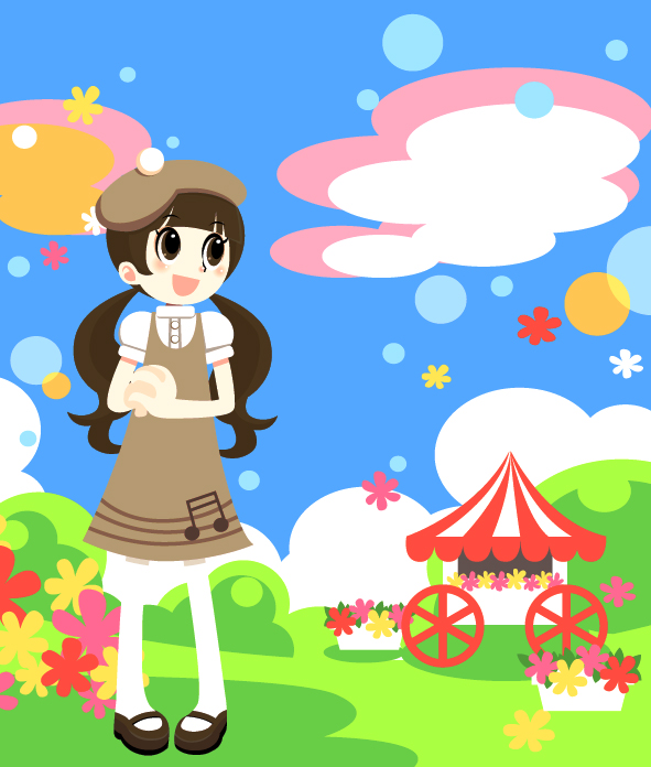 1girl beret blush brown_footwear clouds dress flower hat illustrator mary_janes musical_note musical_note_print open_mouth own_hands_clasped own_hands_together pantyhose pink_flower pop'n_music puffy_short_sleeves puffy_sleeves red_flower sanae-chan shio_(orange_lounge) shirt shoes short_sleeves smile twintails wagon white_pantyhose white_shirt yellow_flower