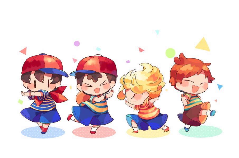 &gt;_&lt; 4boys :d ^_^ arms_up backpack bag bandana baseball_cap black_hair blonde_hair blue_footwear blue_shirt blue_shorts blush brothers brown_hair brown_shorts circle claus_(mother_3) closed_eyes commentary_request dancing full_body halftone hands_up hat hitofutarai leg_up looking_at_viewer lucas_(mother_3) mother_(game) mother_1 mother_2 mother_3 multicolored_clothes multiple_boys ness_(mother_2) ninten open_mouth orange_footwear profile quiff red_bandana red_footwear red_headwear red_shirt red_socks shirt shoes short_hair short_sleeves shorts siblings sideways_hat simple_background smile socks solid_oval_eyes standing standing_on_one_leg striped striped_shirt t-shirt triangle two-tone_shirt white_background white_socks yellow_shirt