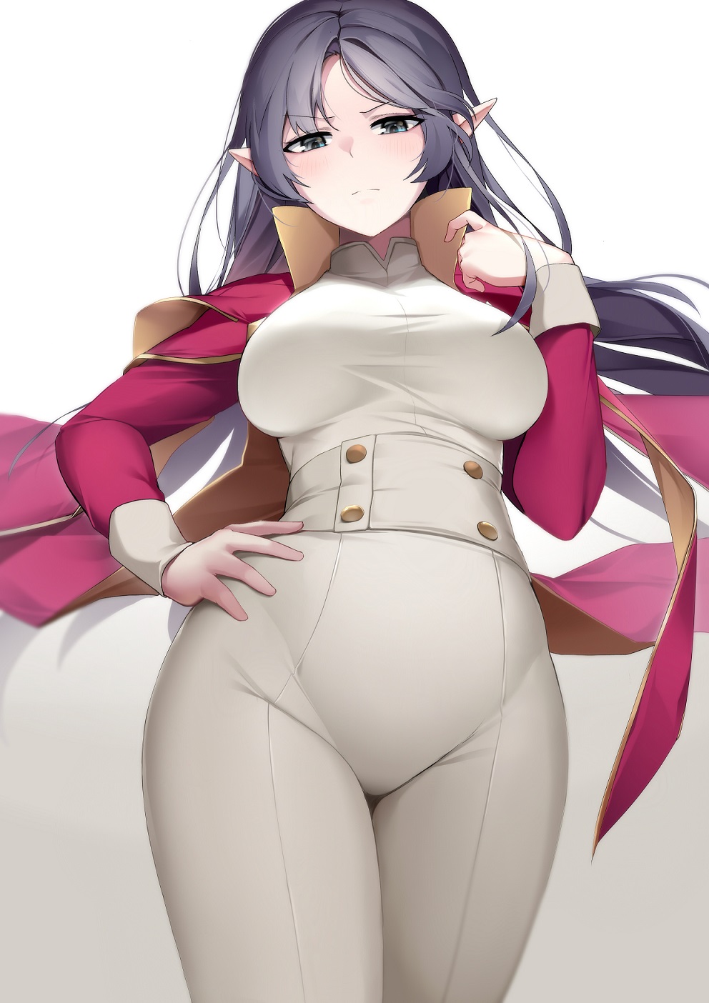 1girl adele_(maplestory) bangs breasts cape closed_mouth commentary cowboy_shot green_eyes grey_hair hand_on_hip hand_up high_collar highres jacket large_breasts light_blush long_hair long_sleeves looking_at_viewer looking_down maplestory nine_(kanine41) open_clothes open_jacket pants parted_bangs pointy_ears red_cape red_jacket shirt shrug_(clothing) simple_background solo white_background white_pants white_shirt