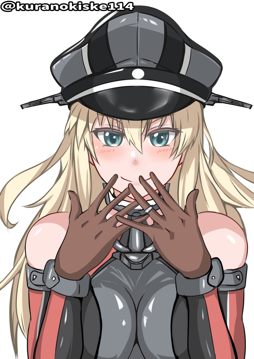 1girl armor bismarck_(kancolle) blonde_hair blue_eyes breastplate breasts brown_gloves cross detached_sleeves gloves hat highres iron_cross kantai_collection kurano_kisuke large_breasts long_hair looking_at_viewer military military_hat military_uniform one-hour_drawing_challenge peaked_cap solo twitter_username uniform upper_body white_background