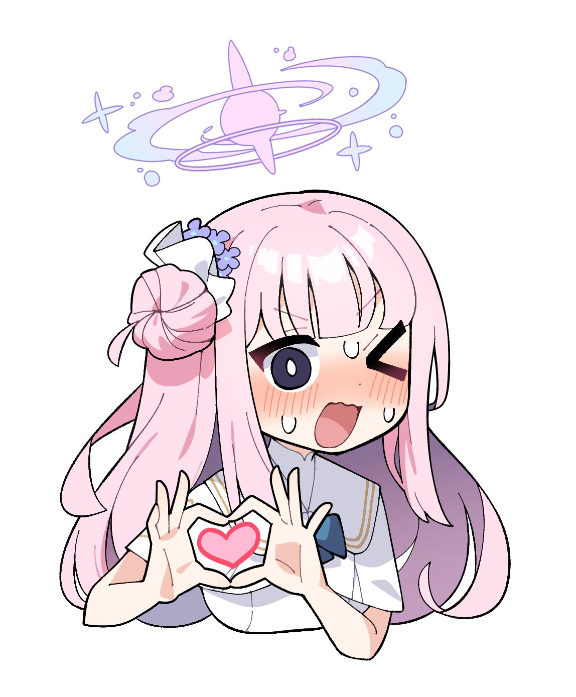 &gt;_o 1girl bangs blue_archive blush chibi cropped_torso donmin_h dress english_commentary flower hair_bun hair_flower hair_ornament halo heart heart_hands highres long_hair looking_at_viewer mika_(blue_archive) nose_blush one_eye_closed open_mouth pink_hair purple_flower simple_background single_side_bun solo upper_body very_long_hair white_background white_dress