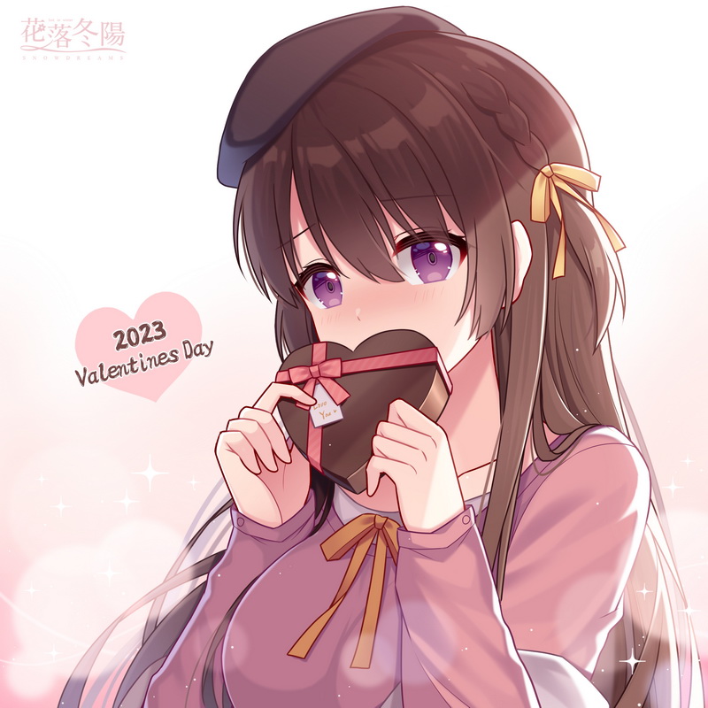 1girl 2023 bangs beret black_headwear blush bow box braid breasts brown_hair commentary_request copyright_name covered_mouth gift gift_box gradient_background hair_between_eyes hair_bow hand_up hat heart heart-shaped_box hitsuki_rei holding holding_gift long_sleeves looking_at_viewer medium_breasts one_side_up pink_background pink_shirt shirt sleeves_past_wrists snowdreams_-lost_in_winter- solo upper_body valentine violet_eyes white_background xia_qianfan yellow_bow