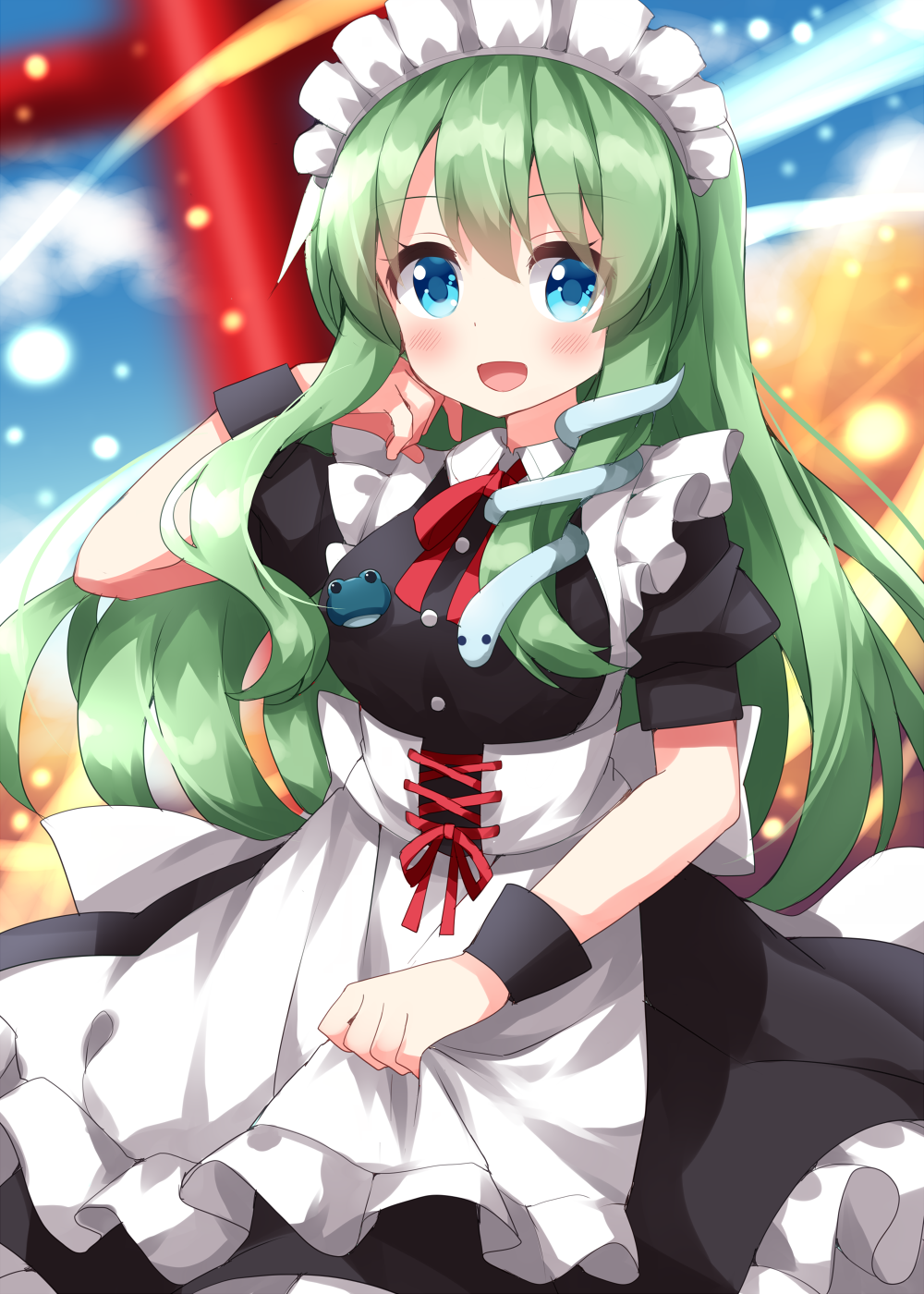 1girl alternate_costume apron black_dress blue_eyes blush buttons dress enmaided frilled_apron frills green_hair hair_ornament highres kochiya_sanae long_hair looking_at_viewer maid maid_apron maid_headdress open_mouth puffy_short_sleeves puffy_sleeves ruu_(tksymkw) short_sleeves smile snake_hair_ornament solo touhou white_apron