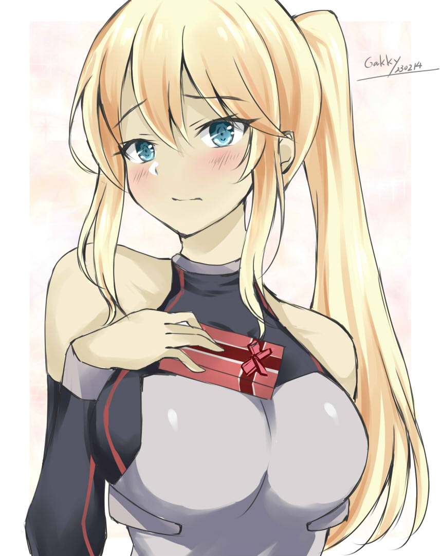 1girl bismarck_(kancolle) blonde_hair blue_eyes blush breasts chocolate dated embarrassed gakky hair_between_eyes kantai_collection large_breasts long_hair looking_at_viewer ponytail solo twitter_username upper_body white_background