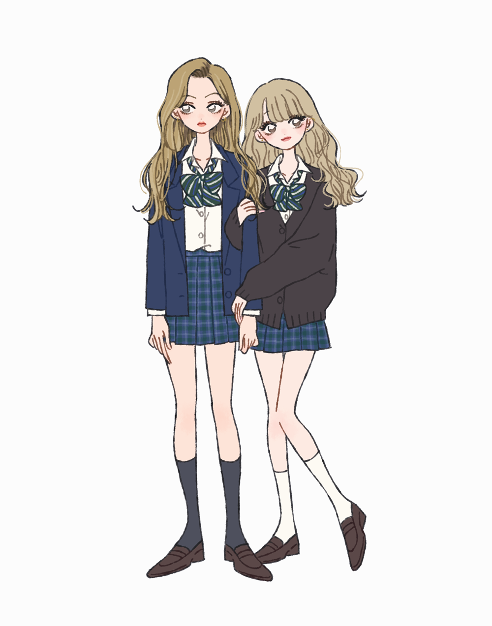 2girls arms_at_sides black_cardigan blazer blue_skirt blue_socks bow bowtie bright_pupils brown_footwear buttons cardigan collarbone collared_shirt commentary full_body green_bow green_bowtie grey_eyes gyaru hair_over_shoulder hands_on_another's_arm highres hug jacket lapels light_brown_hair lipstick loafers long_eyelashes long_hair looking_away looking_to_the_side loose_bowtie makeup multiple_girls notched_lapels open_clothes open_collar open_jacket original parted_hair plaid plaid_skirt red_lips retro_artstyle rikuwo school_uniform shirt shoes side-by-side simple_background skirt socks standing striped striped_bow striped_bowtie two-tone_bowtie unbuttoned wavy_hair white_background white_bow white_bowtie white_pupils white_shirt white_socks