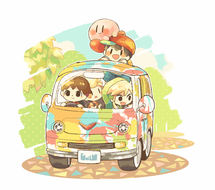 4boys :d animal_crossing bangs baseball_cap black_eyes black_hair blonde_hair blue_sky blush brown_hair closed_mouth clouds commentary_request day driving green_headwear ground_vehicle hat hitofutarai kirby kirby_(series) link looking_back looking_to_the_side looking_up lucas_(mother_3) mother_(game) mother_2 mother_3 motor_vehicle multicolored_clothes multiple_boys ness_(mother_2) open_mouth pointy_ears red_headwear red_shirt shirt short_hair short_sleeves sidelocks sideways_hat simple_background sky smile solid_oval_eyes striped striped_shirt super_smash_bros. sweatdrop t-shirt the_legend_of_zelda the_legend_of_zelda:_the_wind_waker toon_link tree two-tone_shirt van villager_(animal_crossing) white_background yellow_shirt