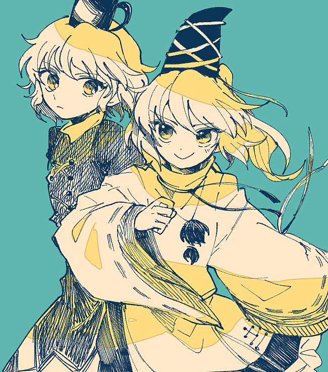 2girls :&gt; aqua_background bangs clenched_hand closed_mouth cowboy_shot cross-laced_clothes crosshatching dress floating_hair from_side hand_up hat hatching_(texture) itomugi-kun japanese_clothes kariginu linear_hatching long_hair long_sleeves looking_at_viewer looking_to_the_side monochrome mononobe_no_futo multiple_girls neck_ribbon outstretched_arm pom_pom_(clothes) ponytail ribbon ribbon-trimmed_sleeves ribbon_trim serious short_hair simple_background smile soga_no_tojiko standing tate_eboshi touhou turtleneck v-shaped_eyebrows wide_sleeves yellow_theme