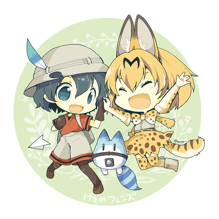 2girls animal_ears backpack bag black_pantyhose blonde_hair blush bow brown_footwear cat_ears chibi closed_eyes elbow_gloves fang gloves grey_bag grey_eyes grey_hair grey_headwear grey_shorts hair_between_eyes holding_hands kaban_(kemono_friends) kemono_friends lucky_beast_(kemono_friends) misaki_(1n1m) multiple_girls open_mouth pantyhose paper_airplane red_shirt serval_(kemono_friends) serval_print shirt shorts skin_fang tail thigh-highs white_footwear