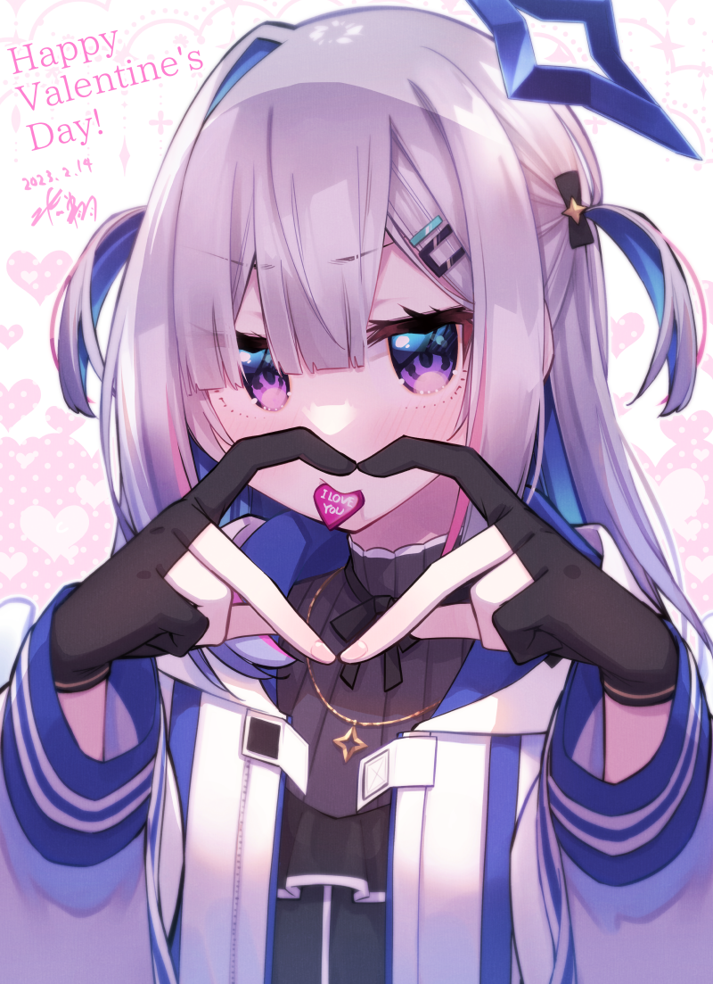 1girl amane_kanata blue_hair blush candy chocolate colored_inner_hair embarrassed food gloves grey_hair hair_ornament hairclip happy_valentine heart heart-shaped_chocolate heart_hands hikawa_shou hololive hood hoodie jacket jewelry long_hair mouth_hold multicolored_hair necklace partially_fingerless_gloves solo two_side_up upper_body valentine violet_eyes virtual_youtuber