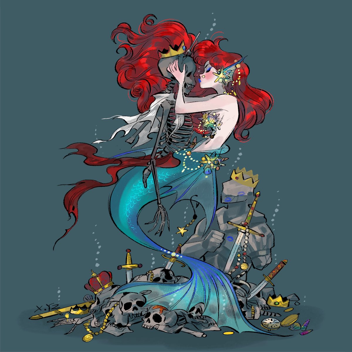 1girl air_bubble ariel_(disney) bone bubble coin compass crown highres jewelry kiddo_hah long_hair mermaid monster_girl necklace redhead simple_background skeleton skull sword the_little_mermaid weapon