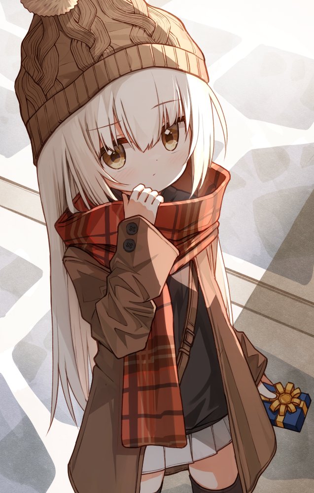 1girl bangs beanie black_shirt black_thighhighs blush box brown_coat brown_eyes brown_headwear bunny_girl_(yuuhagi_(amaretto-no-natsu)) closed_mouth coat commentary_request gift gift_box hair_between_eyes hand_up hat holding holding_gift long_hair long_sleeves looking_at_viewer open_clothes open_coat original plaid plaid_scarf pleated_skirt red_scarf scarf shirt skirt sleeves_past_wrists solo thigh-highs very_long_hair white_hair white_skirt yuuhagi_(amaretto-no-natsu)