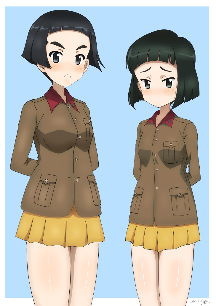 2girls arms_behind_back artist_name bangs black_eyes black_hair blue_background blunt_bangs blunt_ends blush bob_cut brown_jacket bukkuri chi-hatan_military_uniform closed_mouth commentary_request commission dated frown girls_und_panzer jacket long_sleeves looking_at_viewer military military_uniform miniskirt multiple_girls nishihara_yasoko partial_commentary pixiv_commission pleated_skirt short_hair signature simple_background skirt smile standing uenishi_chiyoko uniform yellow_skirt