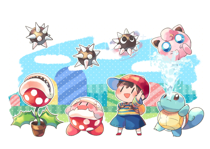 1boy :d arm_up baseball_cap black_hair blue_eyes blue_shirt blue_shorts blue_sky blush brown_eyes closed_mouth commentary_request copy_ability flower_pot full_body gordo halftone hat hill hitofutarai jigglypuff kirby kirby_(series) looking_up mother_(game) mother_2 multicolored_clothes ness_(mother_2) open_mouth piranha_plant pokemon pokemon_(creature) red_footwear red_headwear sharp_teeth shirt shoes short_hair short_sleeves shorts sideways_hat sky smile socks solid_oval_eyes spike_ball squirtle standing striped striped_shirt super_mario_bros. super_smash_bros. t-shirt teeth two-tone_shirt water white_background white_socks yellow_shirt