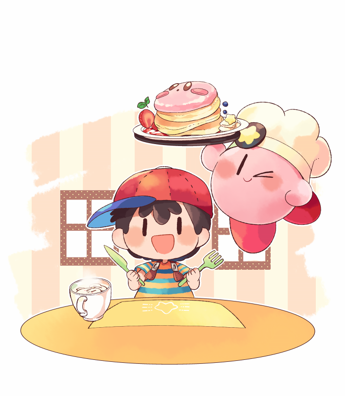 1boy :d arm_up baseball_cap black_hair blue_shirt blueberry blush blush_stickers chef_hat closed_mouth coffee commentary_request cup food fork fruit hands_up hat hitofutarai holding holding_fork holding_knife holding_tray kirby kirby_(series) kitchen_knife knife latte_art male_focus mother_(game) mother_2 mug multicolored_clothes ness_(mother_2) one_eye_closed open_mouth pancake pancake_stack plate red_headwear shirt short_hair short_sleeves sideways_hat simple_background sitting smile solid_oval_eyes steam strawberry striped striped_shirt t-shirt table tray two-tone_shirt white_background white_headwear window yellow_shirt