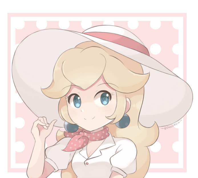 1girl alternate_costume artist_name blonde_hair blue_eyes chocomiru closed_mouth duplicate earrings happy hat jewelry long_hair looking_at_viewer non-web_source pixel-perfect_duplicate polka_dot polka_dot_background portrait princess_peach smile solo super_mario_bros. super_mario_odyssey