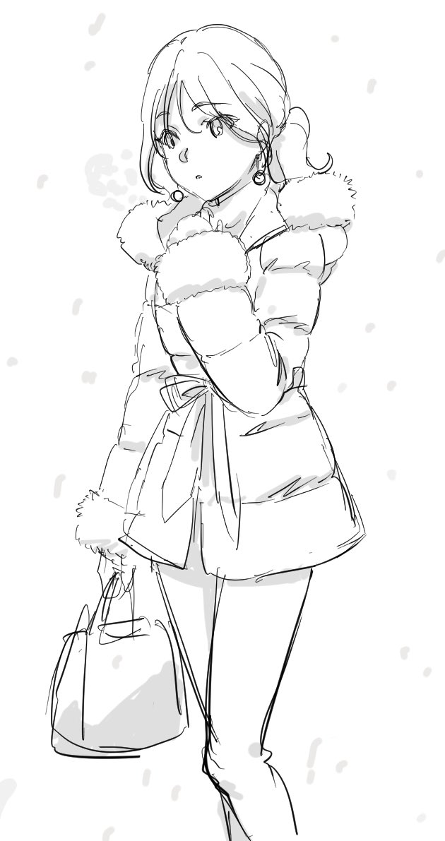 1girl bag breath carrying_bag down_jacket earrings fur-trimmed_jacket fur_trim handbag jacket jewelry lineart looking_away monochrome original pants parted_lips ponytail sideways_glance snowing solo tamura_satomi turtleneck winter_clothes