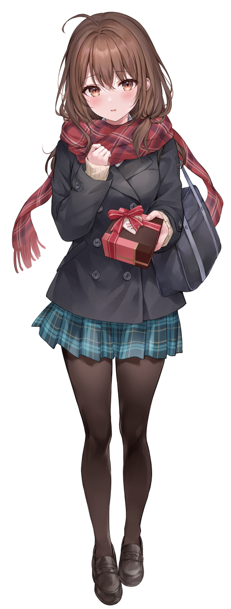 1girl ahoge bag bangs black_footwear black_jacket black_pantyhose blue_skirt blush box brown_eyes brown_hair commentary_request copyright_request fringe_trim full_body gift gift_box hair_between_eyes higeneko highres holding holding_gift jacket loafers long_hair long_sleeves looking_at_viewer novel_illustration official_art pantyhose parted_lips plaid plaid_scarf plaid_skirt pleated_skirt red_scarf scarf school_bag shoes simple_background skirt sleeves_past_wrists solo standing white_background