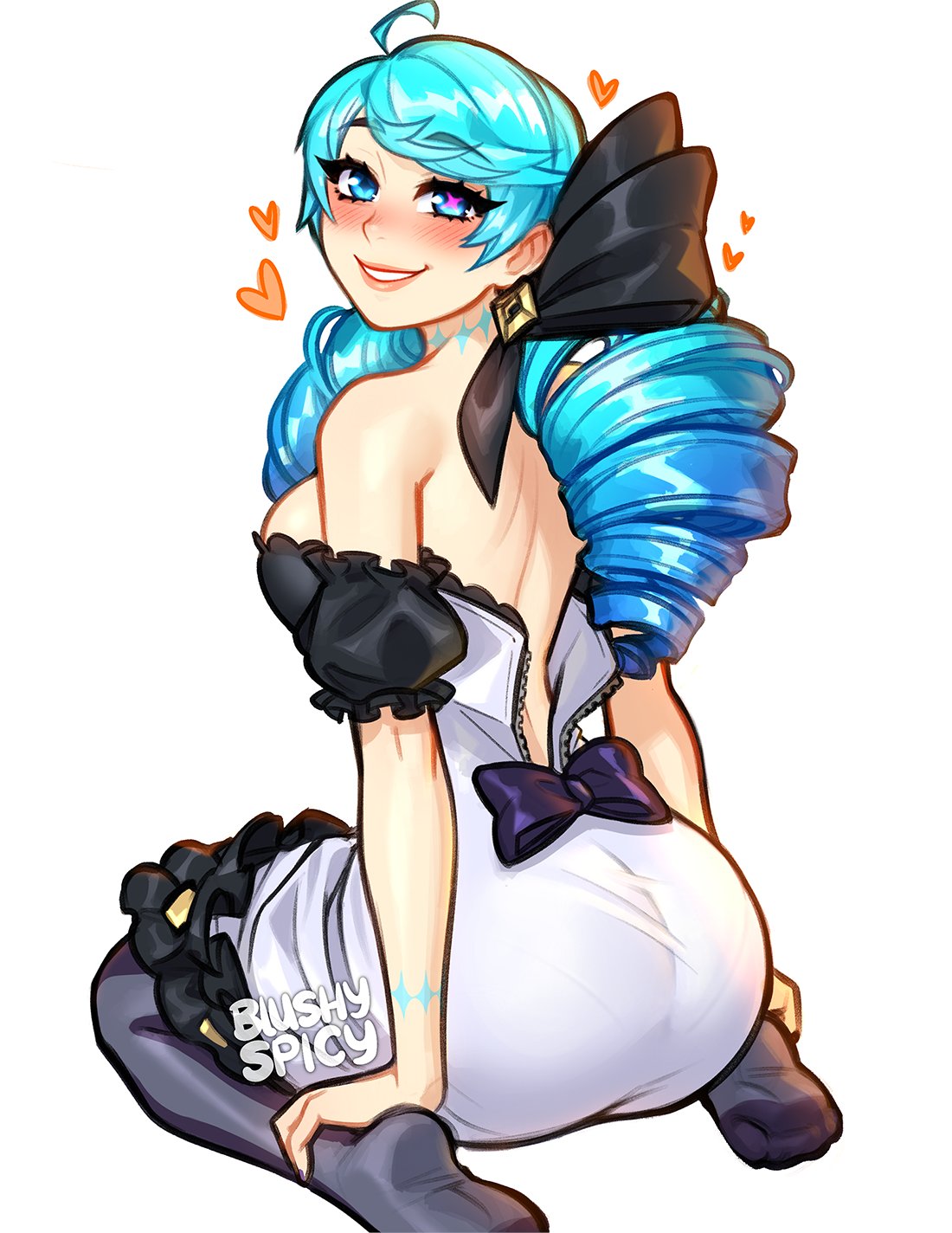 1girl ass bangs black_bow black_gloves blushyspicy bow breasts dress drill_hair gloves green_eyes gwen_(league_of_legends) hair_bow heart highres large_breasts league_of_legends long_hair looking_at_viewer looking_back smile solo teeth twin_drills twintails