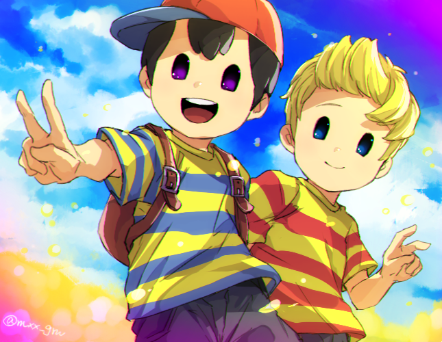 2boys :d artist_name backpack bag baseball_cap black_hair blonde_hair blue_eyes blue_shirt blue_sky brown_bag closed_mouth clouds commentary_request day hand_up hat looking_at_viewer lucas_(mother_3) male_focus mother_(game) mother_2 mother_3 multicolored_clothes multiple_boys mxx_gm ness_(mother_2) open_mouth quiff red_headwear red_shirt shirt short_hair short_sleeves sideways_hat sky smile standing striped striped_shirt t-shirt teeth twitter_username two-tone_shirt upper_teeth_only v violet_eyes yellow_shirt