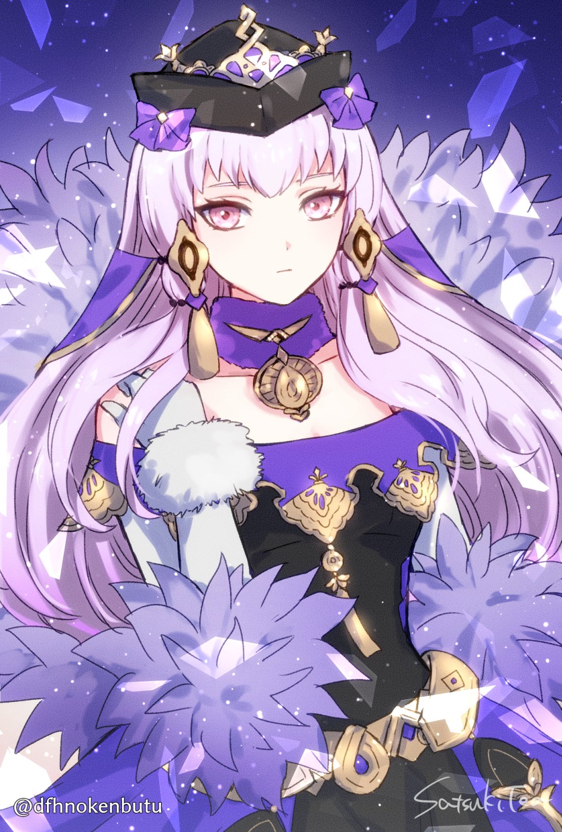 1girl black_dress black_headwear collarbone dfhnokenbutu dress expressionless fire_emblem fire_emblem:_three_houses fire_emblem_heroes fur_collar fur_trim gloves hat highres long_hair lysithea_von_ordelia pink_eyes purple_background signature solo strapless strapless_dress twitter_username upper_body white_gloves white_hair