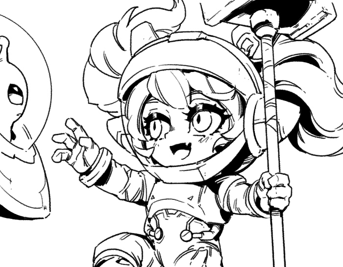1girl :d alien astronaut astronaut_poppy bangs blush fang gloves greyscale hammer holding holding_hammer holding_weapon league_of_legends long_hair monochrome phantom_ix_row smile solo_focus space_helmet spacesuit weapon yordle